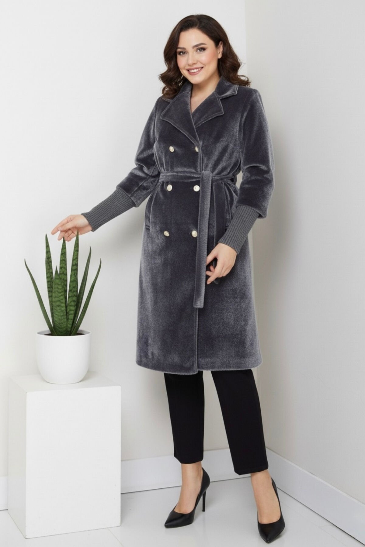 Kadın Belden Bağlamalı Fox Kumaş Kaban KS2550