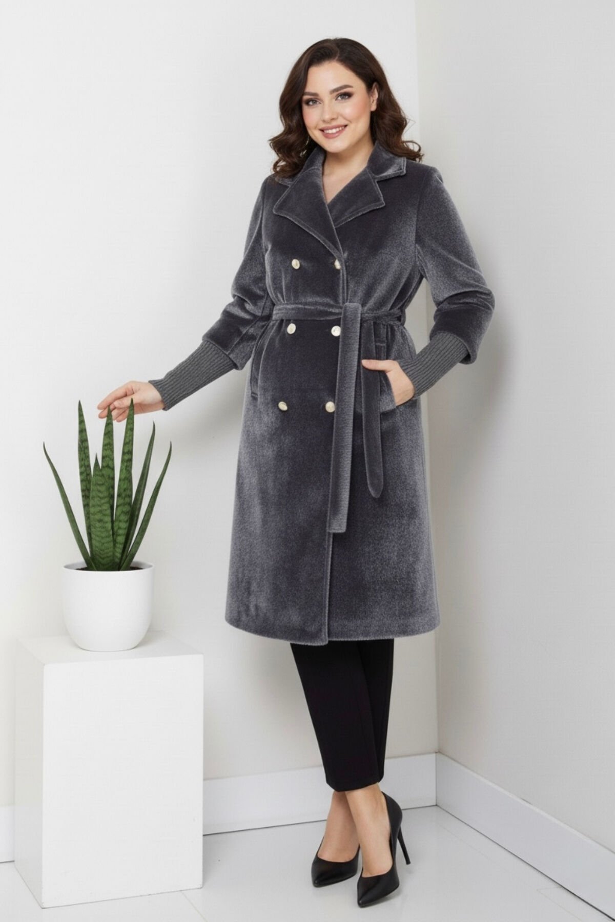 Kadın Belden Bağlamalı Fox Kumaş Kaban KS2550