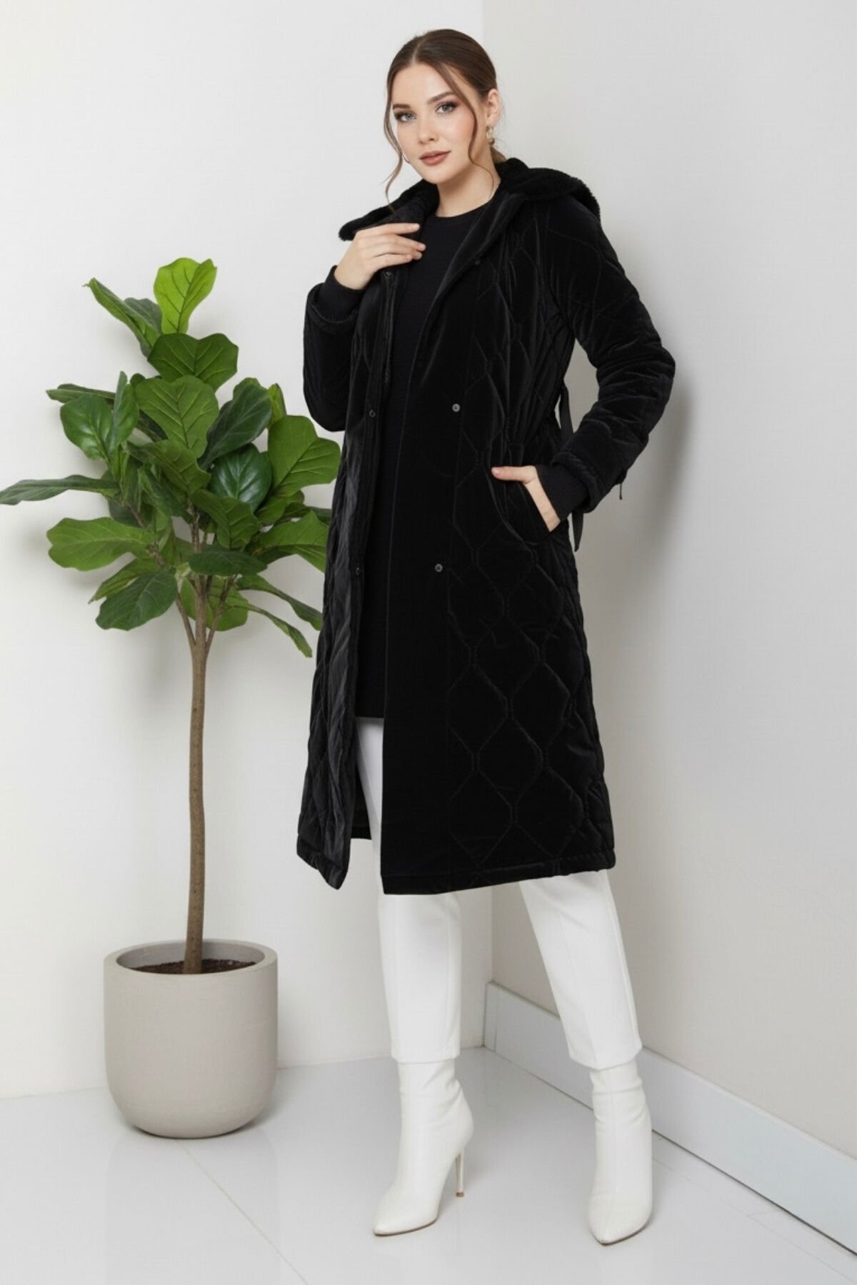 Kadın Yeni Sezon Kemerli Novam Kumaş Mont KS2552