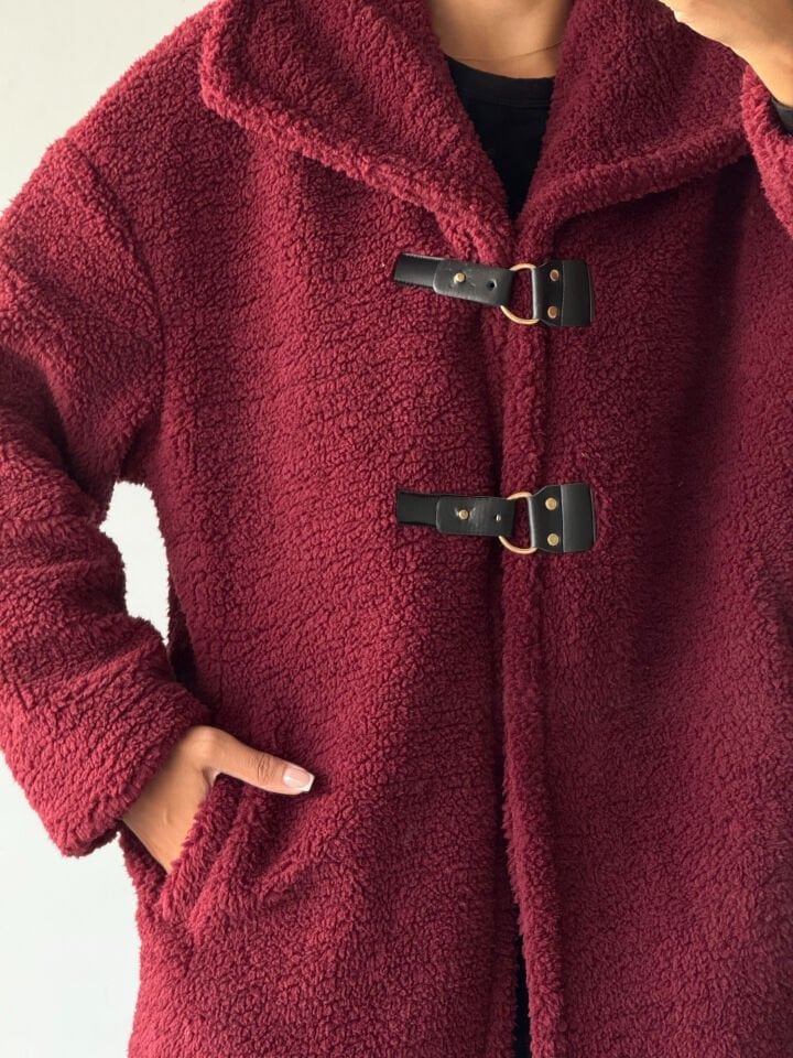 Peluş Kuzu Kıvırcık Deri Tokalı Mont Bordo - XL