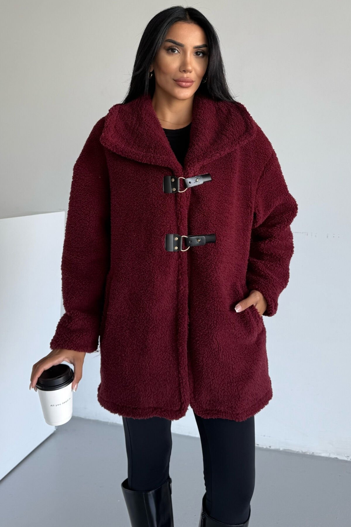 Peluş Deri Tokalı Mont KS2505