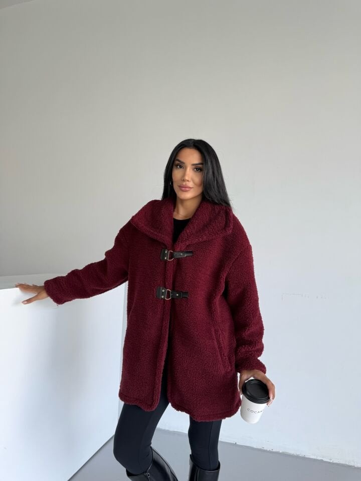 Peluş Kuzu Kıvırcık Deri Tokalı Mont Bordo - XL