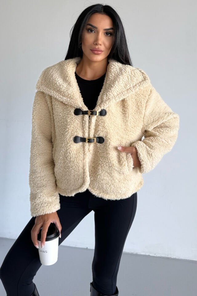 Peluş Deri Tokalı Geniş Yakalı Mont