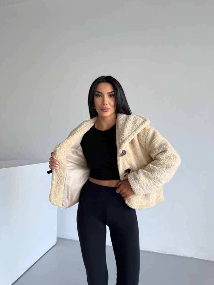 Peluş Deri Tokalı Geniş Yakalı Mont Bej - XL
