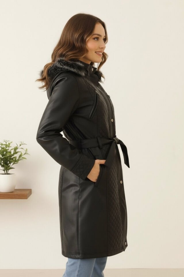 Deri Kapüşonlu Polar Astarlı Yeni Sezon Kadın Mont KS2559