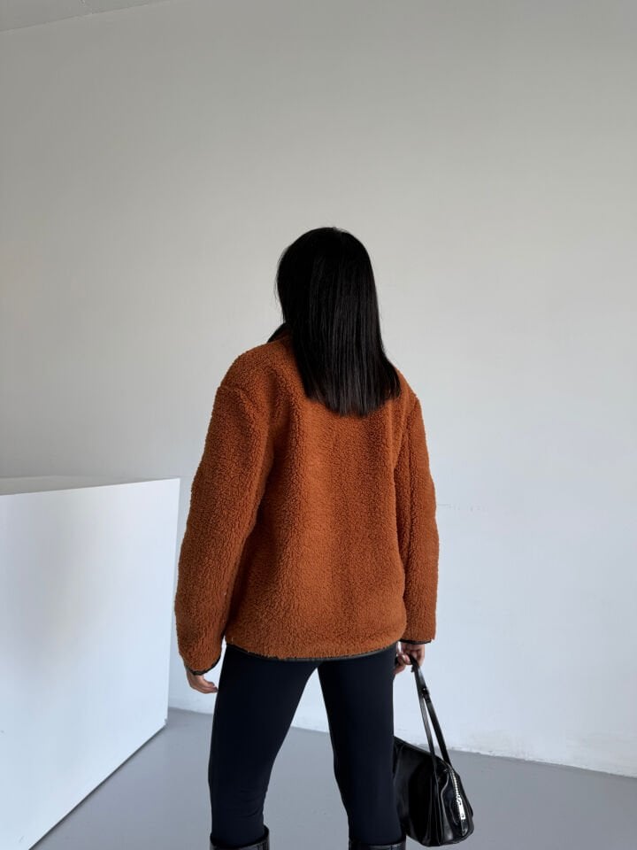 Peluş Deri Biyeli Çoban Düğmeli Mont Tarcın - XL
