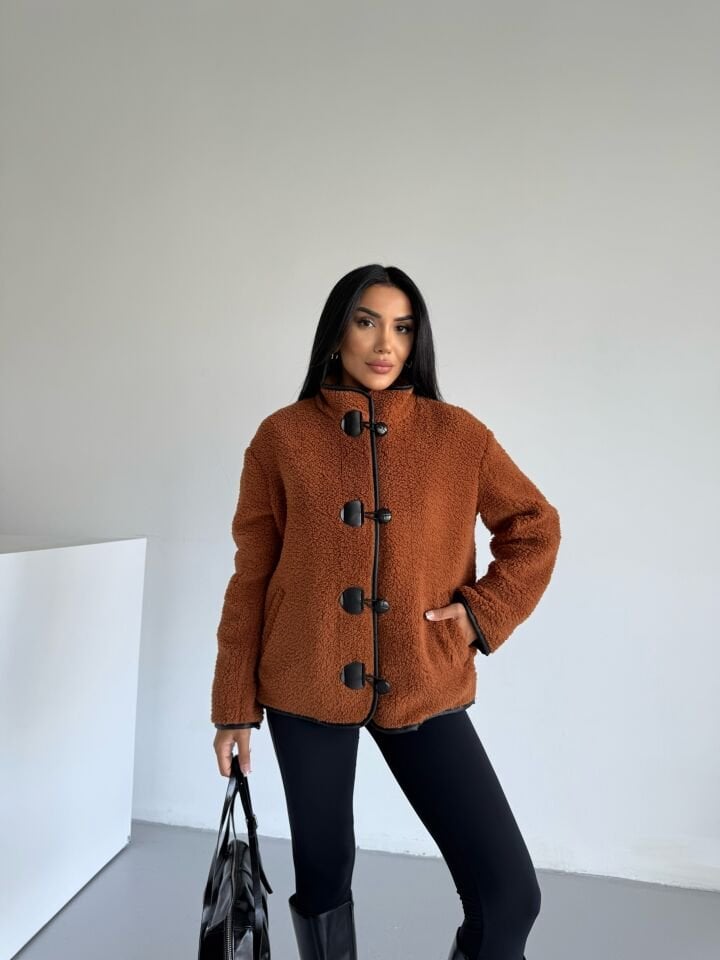 Peluş Deri Biyeli Çoban Düğmeli Mont Tarcın - XL