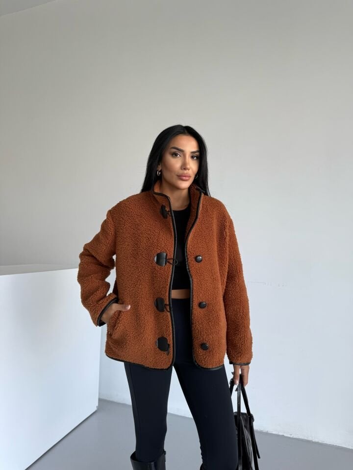 Peluş Deri Biyeli Çoban Düğmeli Mont Tarcın - XL
