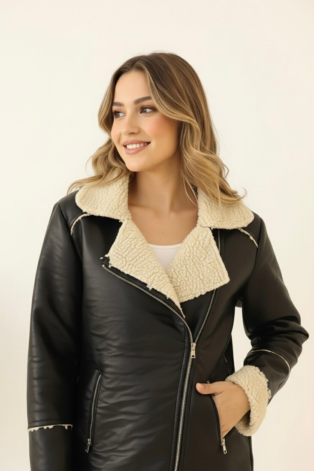 İçi Peluş Astarlı Deri Yeni Sezon Kadın Mont KS2564