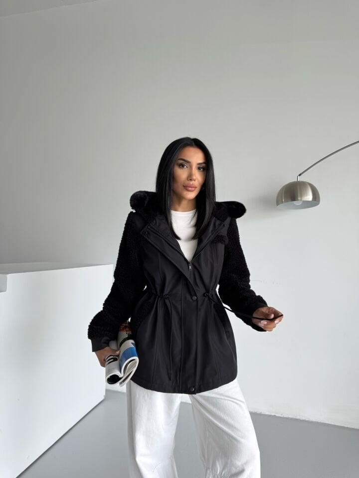 Bondik Kolu Peluş Kapüşonlu Mont siyah - XL