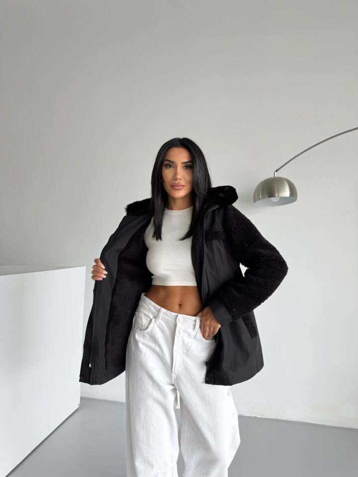 Bondik Kolu Peluş Kapüşonlu Mont siyah - XL