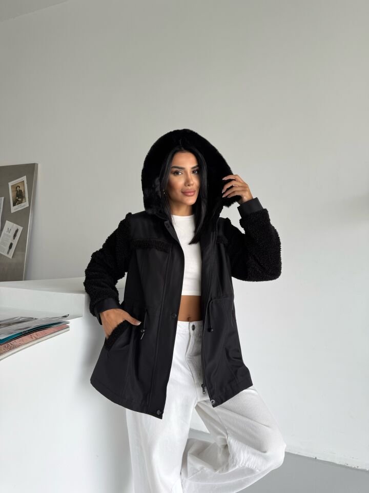 Bondik Kolu Peluş Kapüşonlu Mont siyah - XL