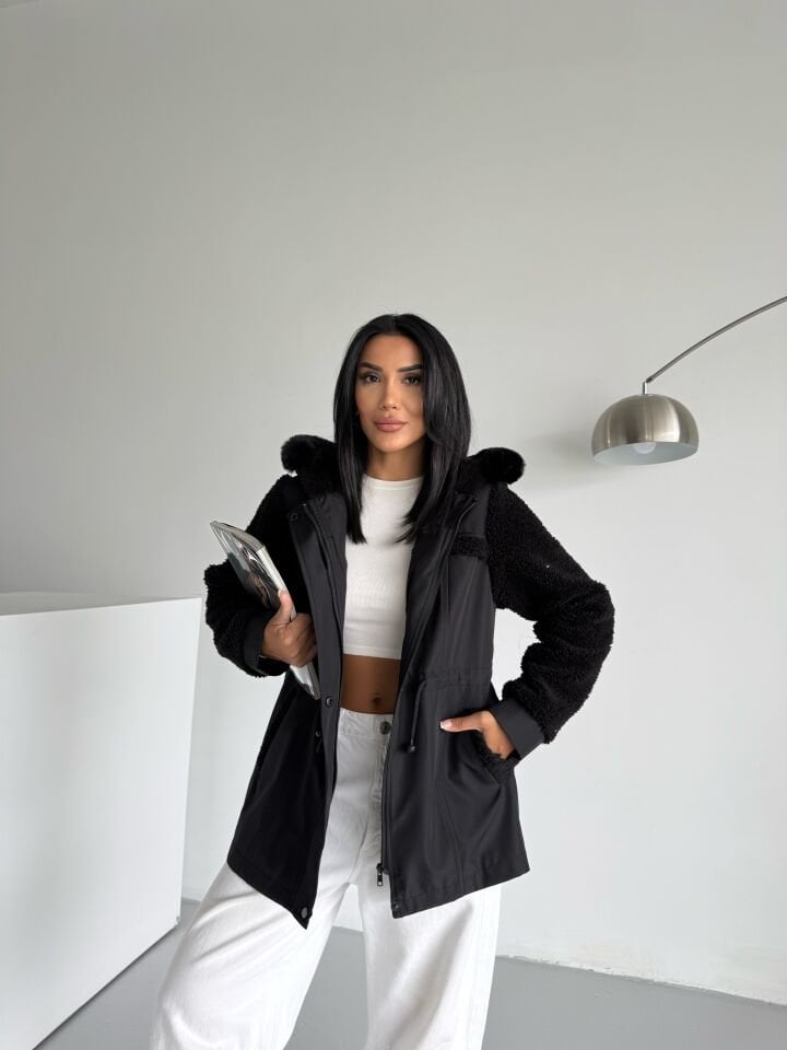Bondik Kolu Peluş Kapüşonlu Mont siyah - XL