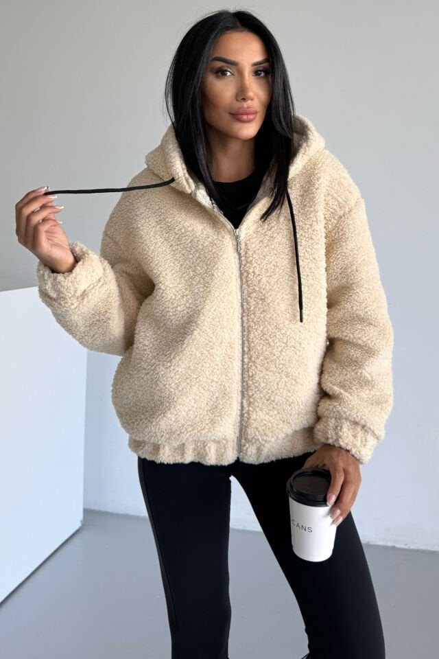 Peluş Kapüşonlu Kadın Bomber Mont KS2503