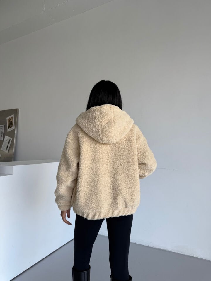 Bomber Peluş Kapüşonlu Mont Bej - XL
