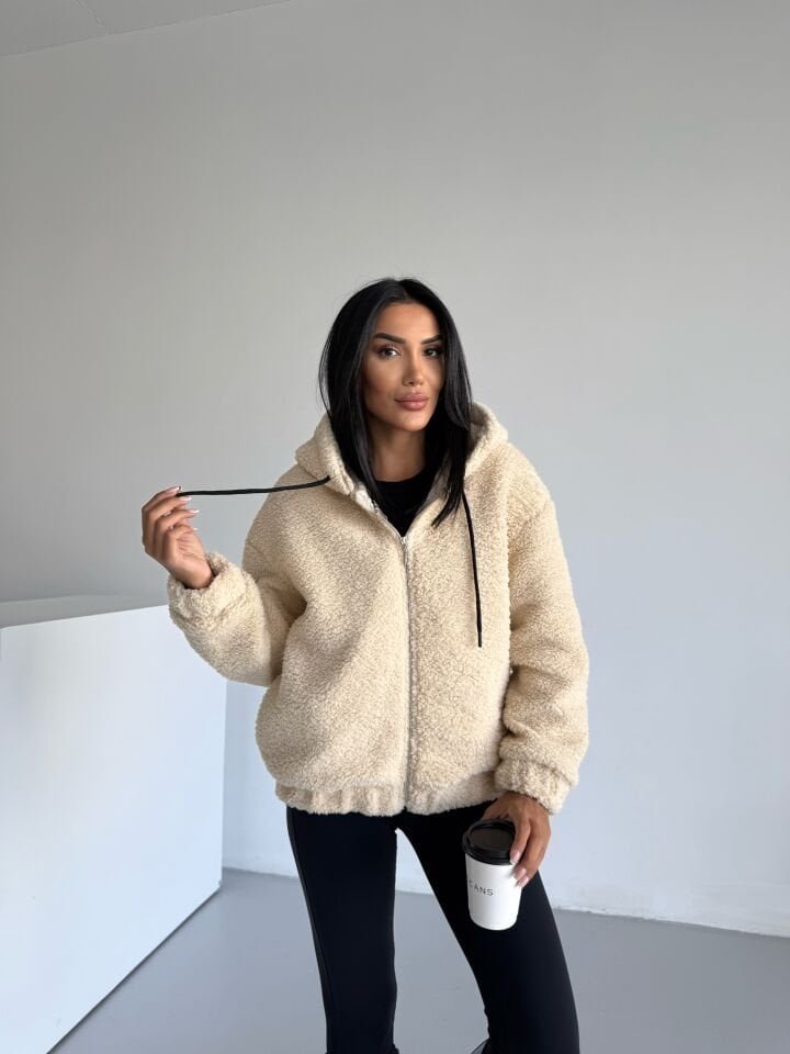 Bomber Peluş Kapüşonlu Mont Bej - XL