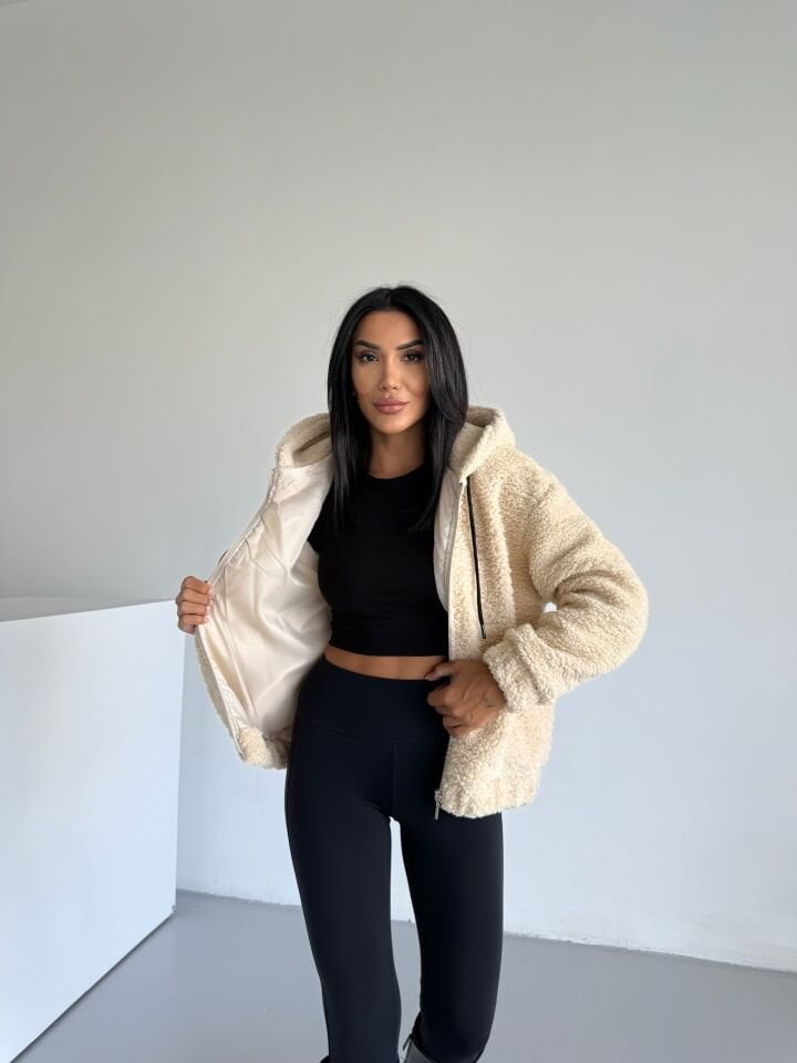 Bomber Peluş Kapüşonlu Mont Bej - XL