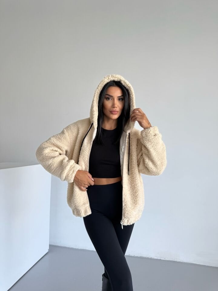 Bomber Peluş Kapüşonlu Mont Bej - XL