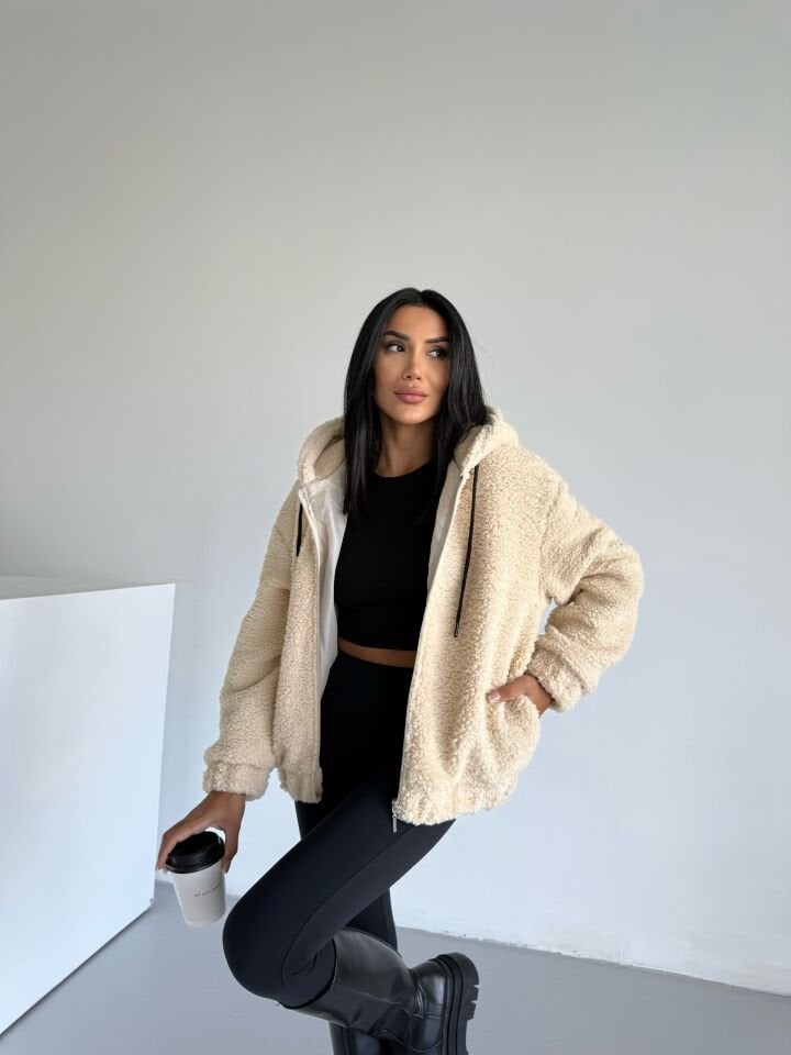 Bomber Peluş Kapüşonlu Mont Bej - XL