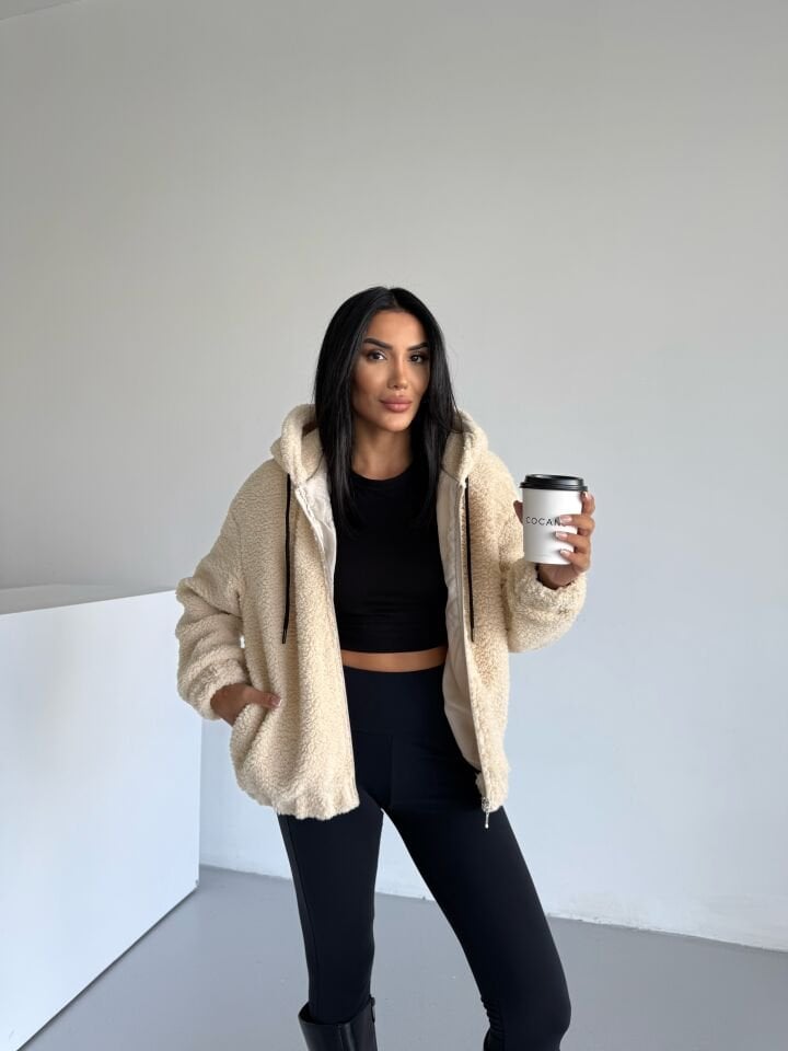 Bomber Peluş Kapüşonlu Mont Bej - XL