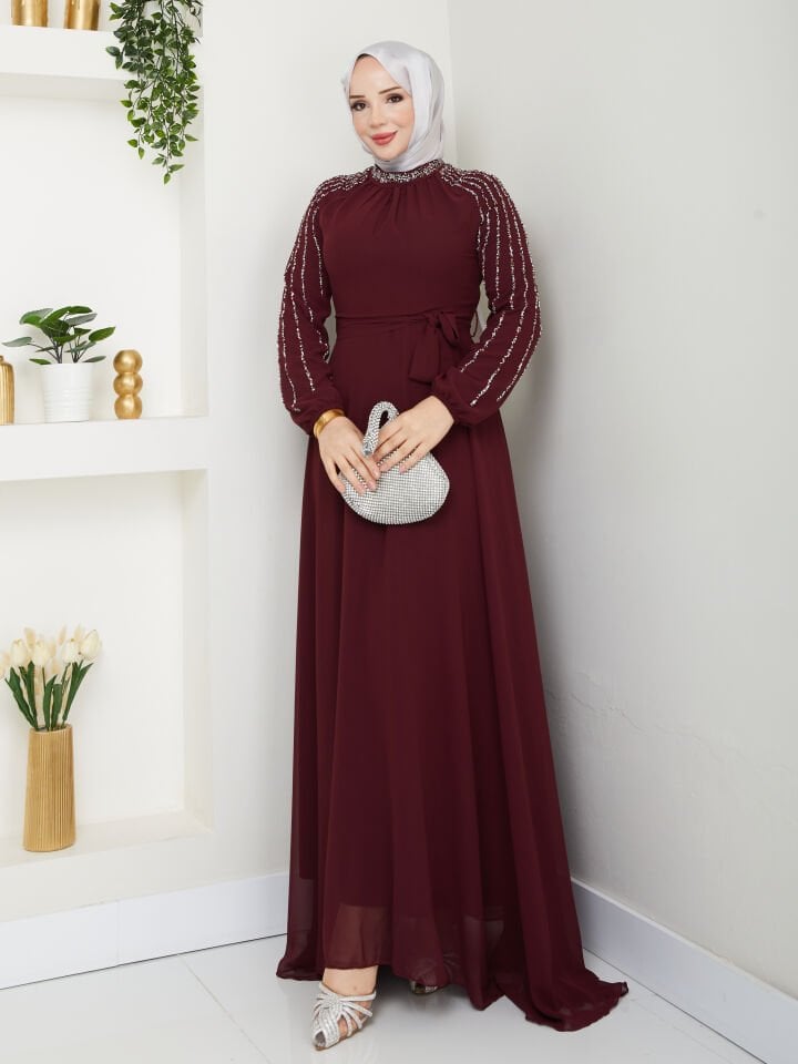 Kolu Taşlı Astarlı Şifon Elbise Bordo - 48