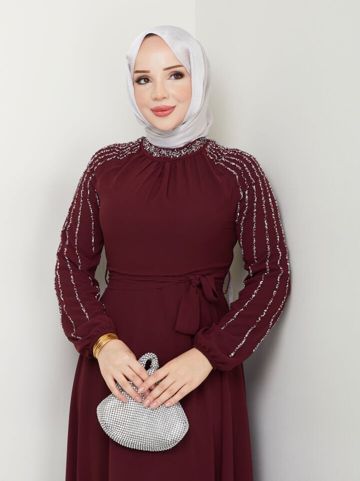 Kolu Taşlı Astarlı Şifon Elbise Bordo - 48
