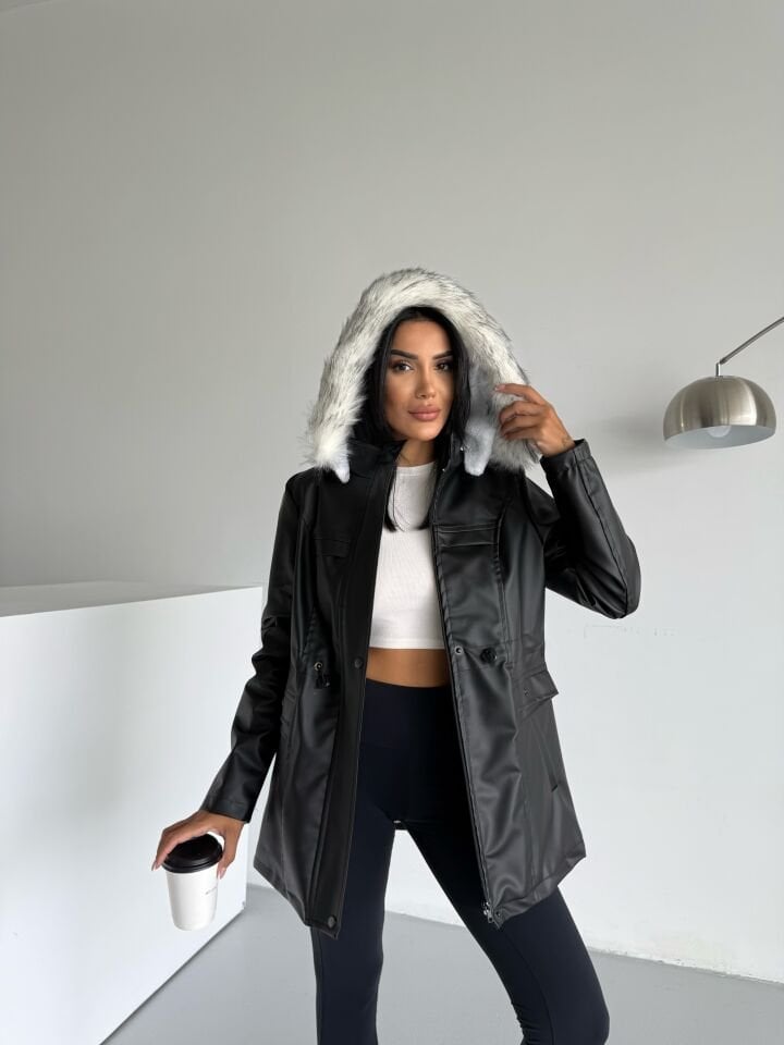 Kapüşonlu Suni Deri İçi Kürklü Cep Üstü Detaylı Mont siyah - XL