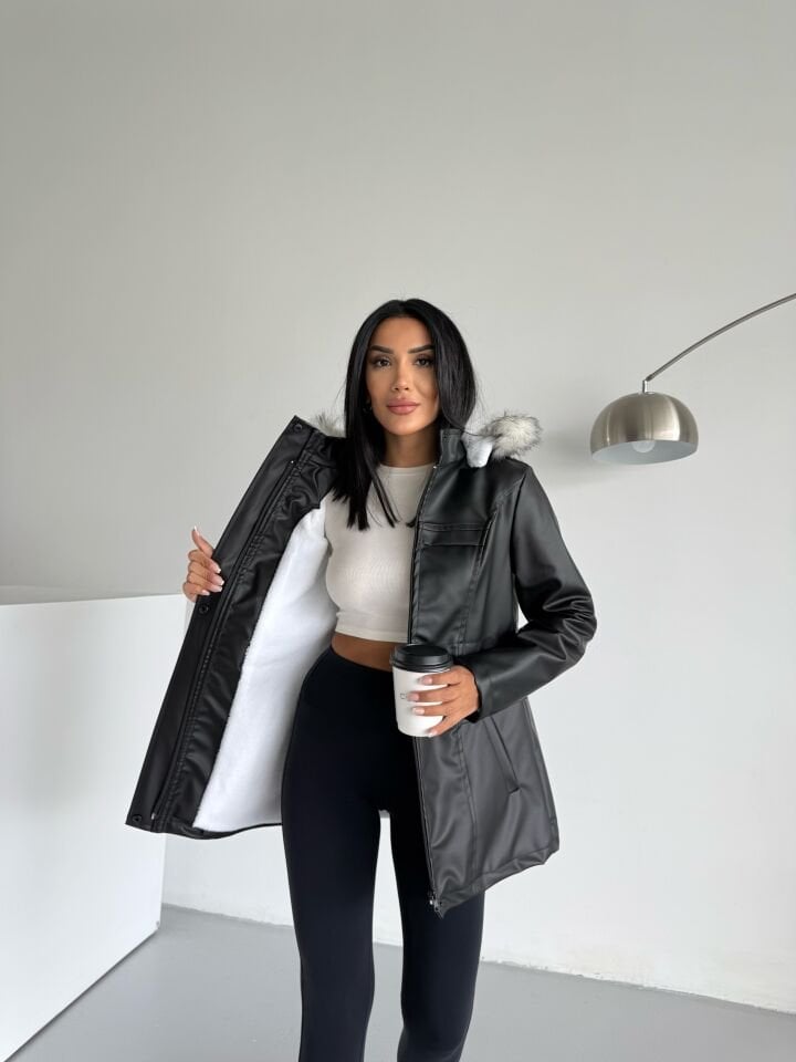 Kapüşonlu Suni Deri İçi Kürklü Cep Üstü Detaylı Mont siyah - XL