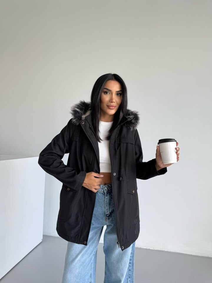 Bondik İçi Kürklü Kapüşonlu Mont siyah - XL