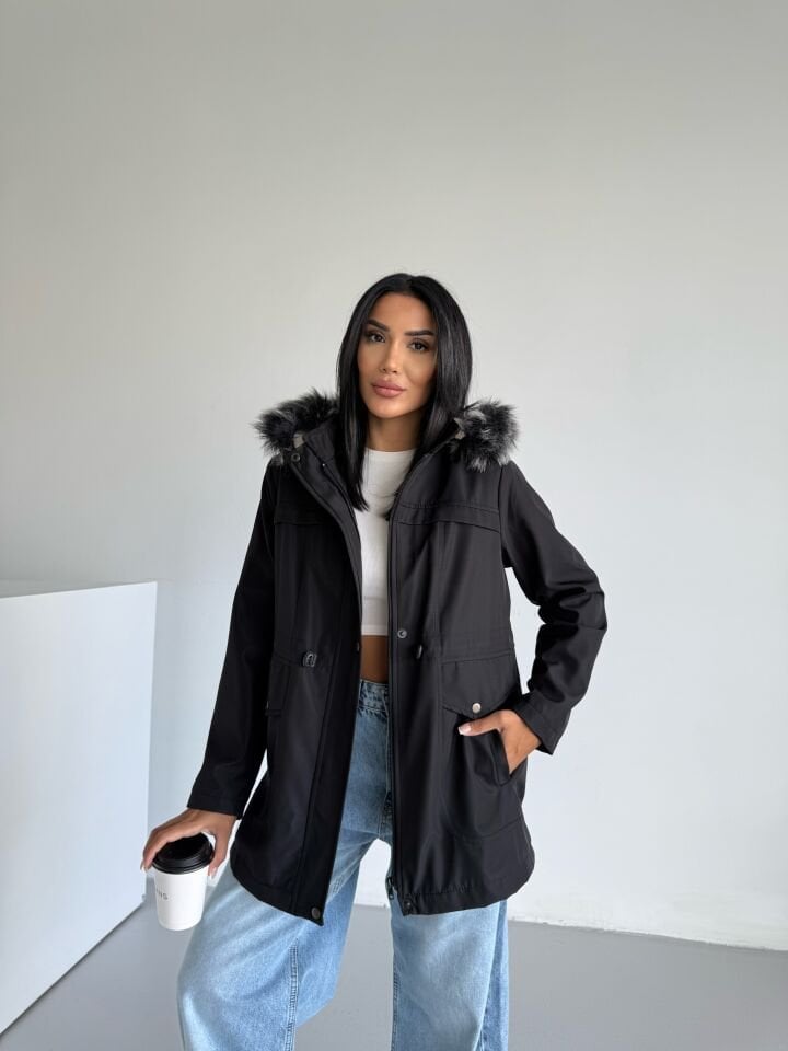 Bondik İçi Kürklü Kapüşonlu Mont siyah - XL