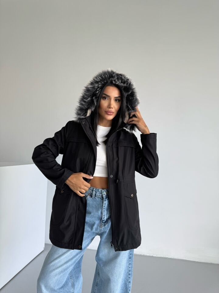 Bondik İçi Kürklü Kapüşonlu Mont siyah - XL