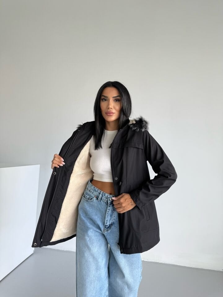 Bondik İçi Kürklü Kapüşonlu Mont siyah - XL