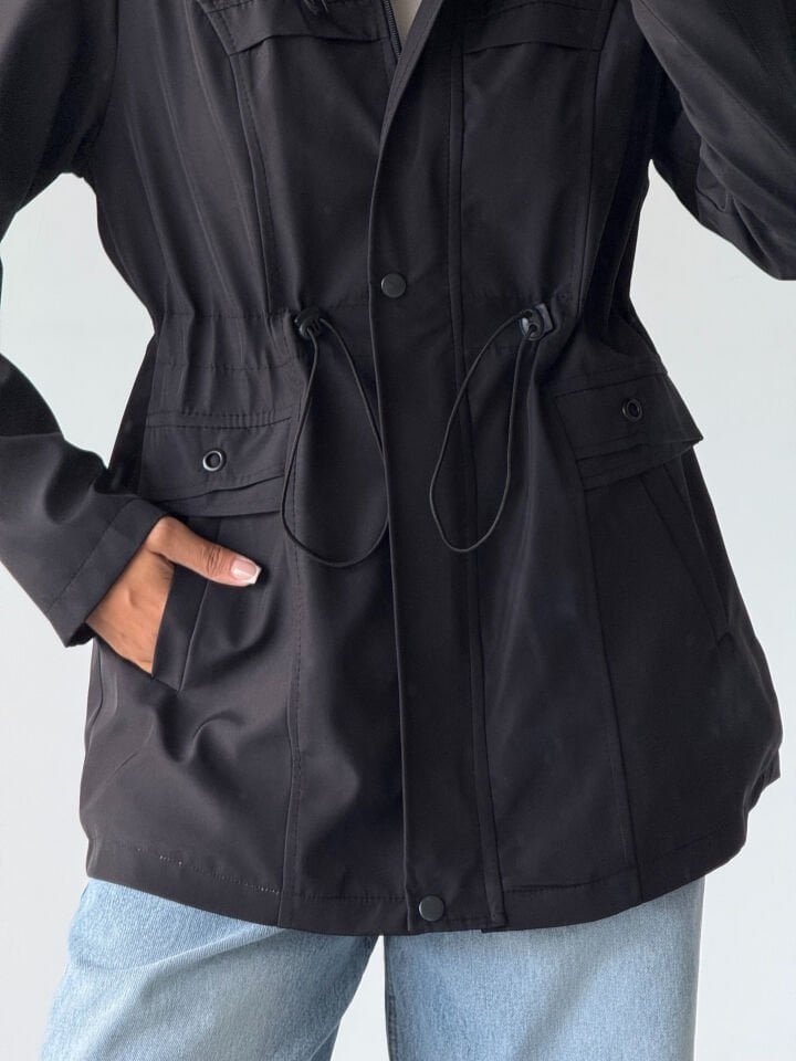 Bondik Bel Lastik Büzgülü İçi Kürklü Mont siyah - XL