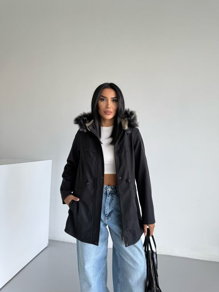 Bondik Bel Lastik Büzgülü İçi Kürklü Mont siyah - XL