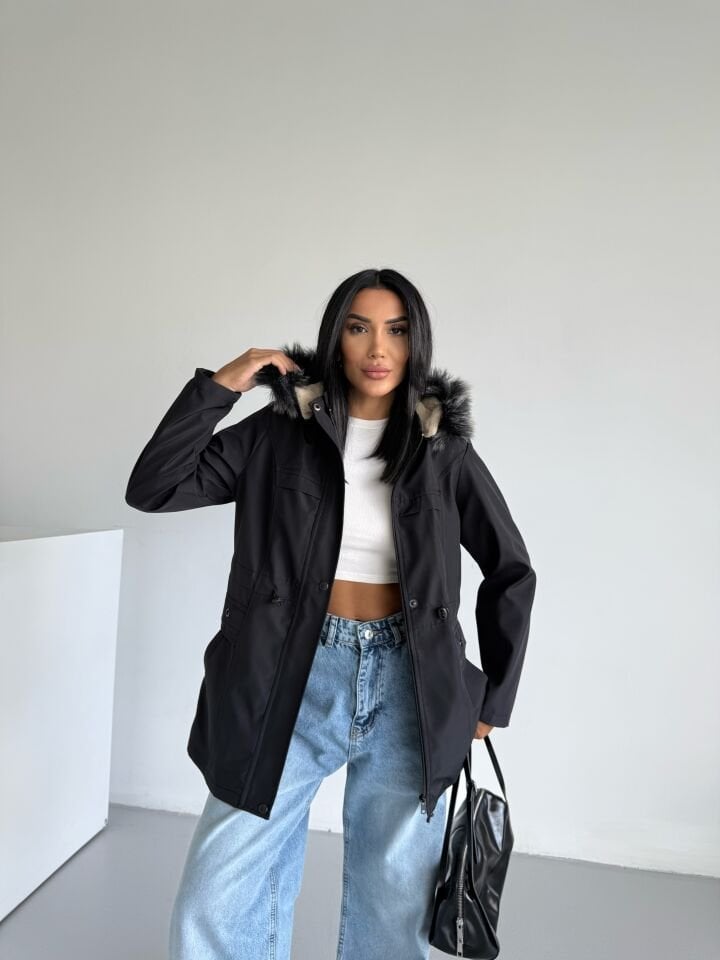 Bondik Bel Lastik Büzgülü İçi Kürklü Mont siyah - XL
