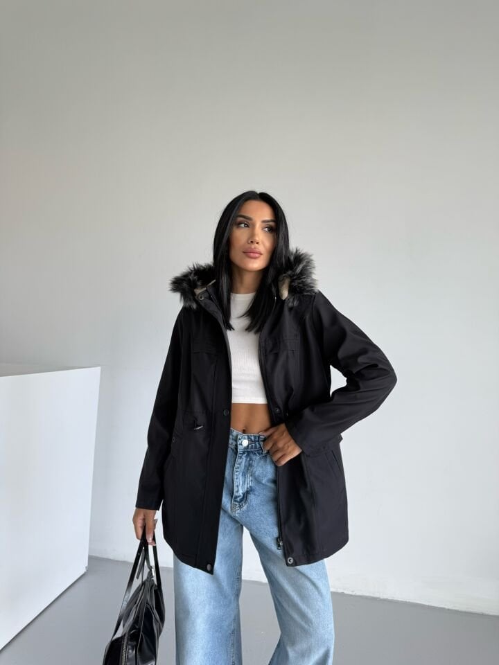 Bondik Bel Lastik Büzgülü İçi Kürklü Mont siyah - XL