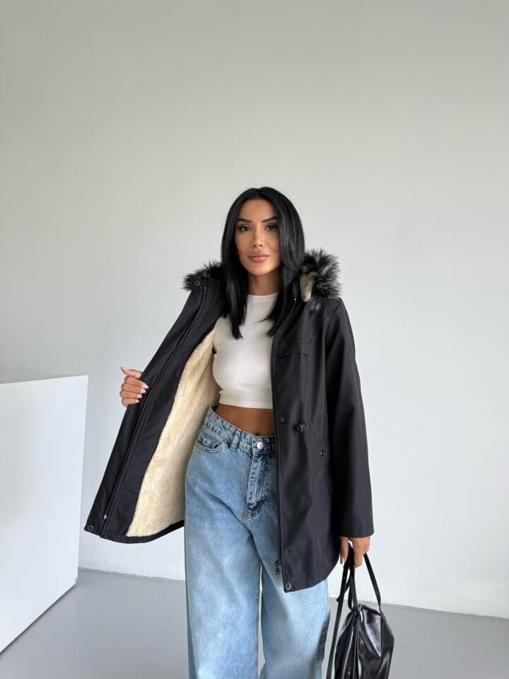 Bondik Bel Lastik Büzgülü İçi Kürklü Mont siyah - XL