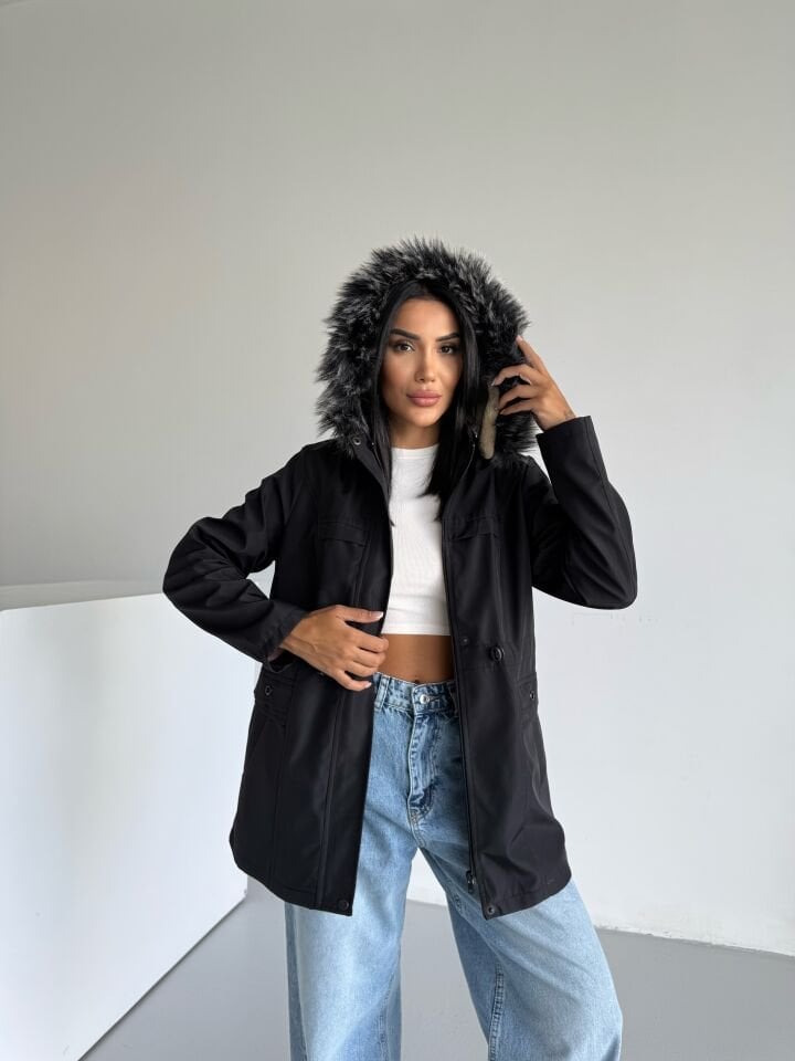 Bondik Bel Lastik Büzgülü İçi Kürklü Mont siyah - XL
