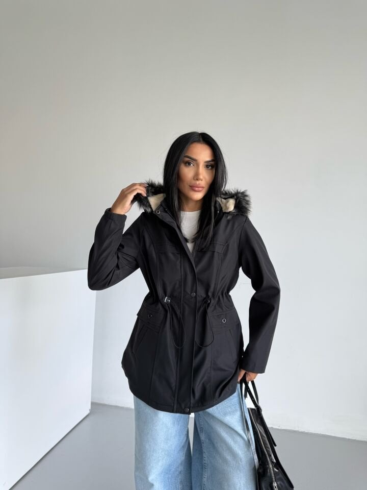 Bondik Bel Lastik Büzgülü İçi Kürklü Mont siyah - XL