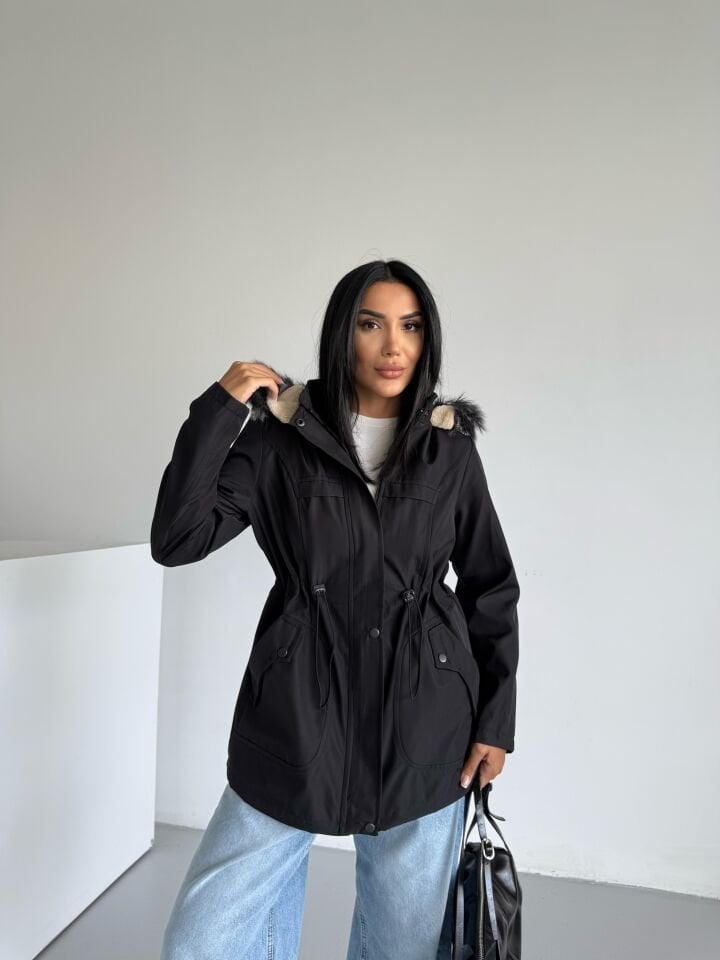 Kapüşonlu Bondik Cep Kapak Detaylı Mont siyah - XL