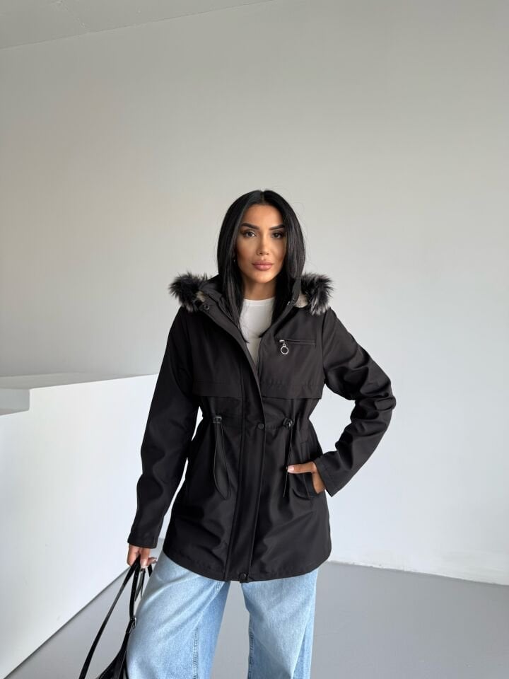 İçi Kürklü Kapüşonlu Bondik Mont siyah - XL