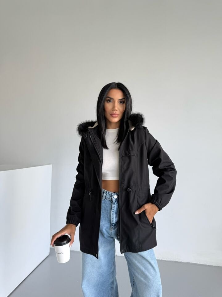 Bilek Lastikli Kapüşonlu Bondik Mont siyah - XL