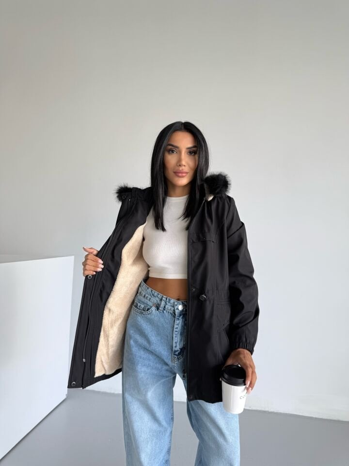 Bilek Lastikli Kapüşonlu Bondik Mont siyah - XL