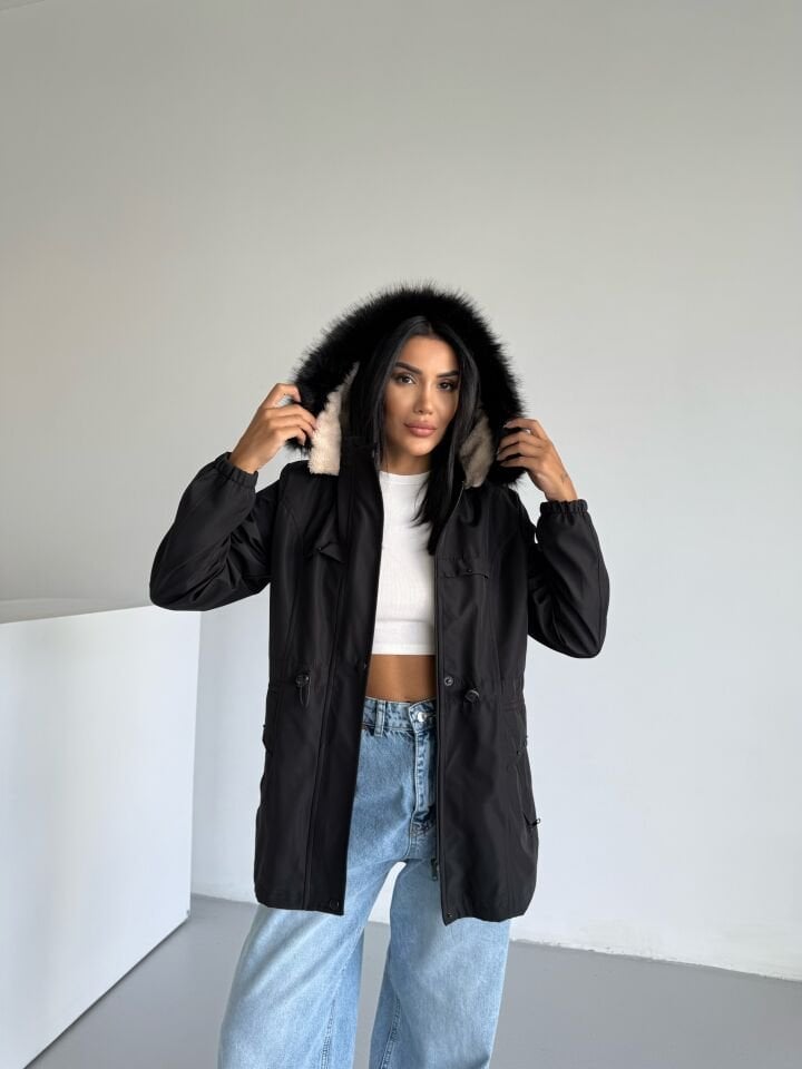 Bilek Lastikli Kapüşonlu Bondik Mont siyah - XL