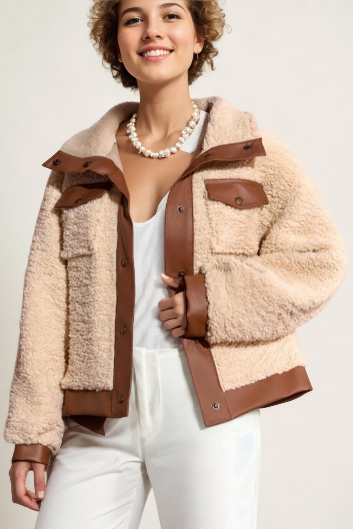 Suni Deri Kuzu Kıvırcık Kısa Mont Bej - 38