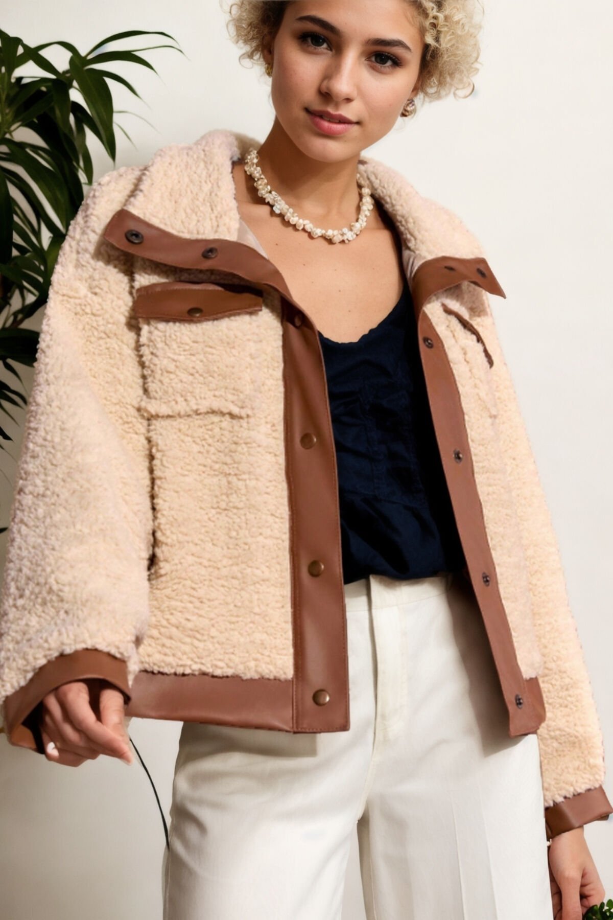 Suni Deri Kuzu Kıvırcık Kısa Mont Bej - 38