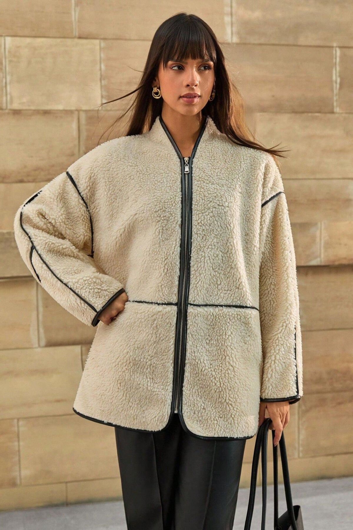 Peluş Oversize Deri Biyeli Kimono Yaka Mont