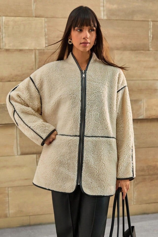 Peluş Oversize Deri Biyeli Kimono Yaka Mont