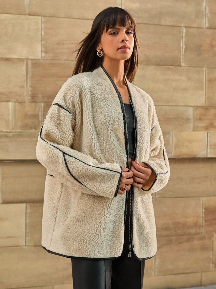 Peluş Oversize Deri Biyeli Kimono Yaka Mont Bej - XL