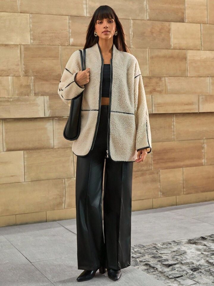 Peluş Oversize Deri Biyeli Kimono Yaka Mont Bej - XL